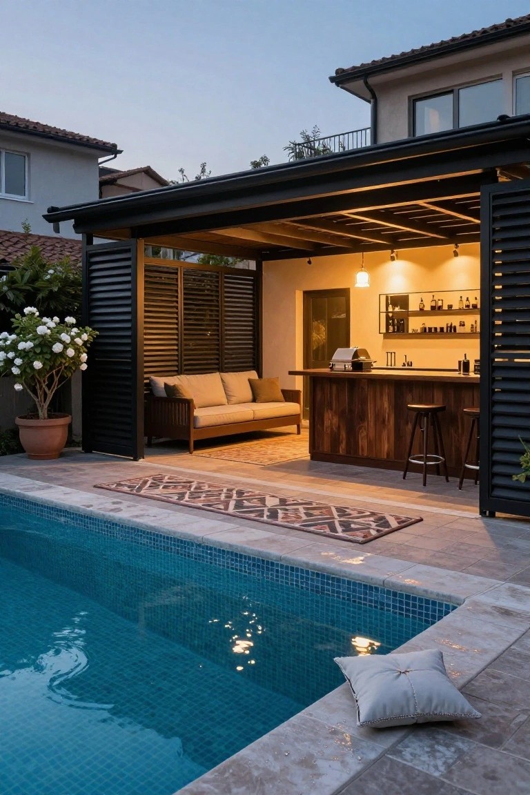 Modern patio with pool, bar, sofa, stools, rugs, and evening lights
