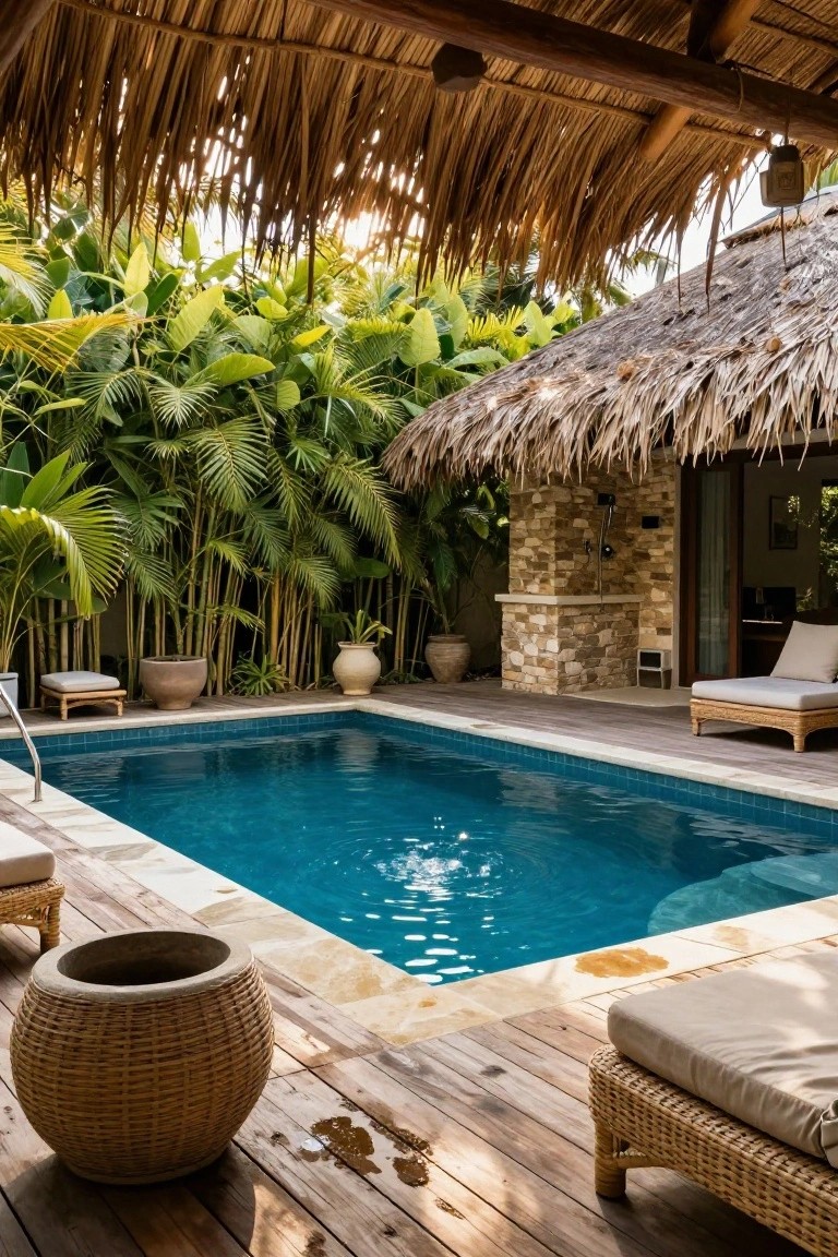 A rectangular swimming pool with blue water sits on a wooden deck under a thatched roof, surrounded by dense tropical plants and several lounge chairs.