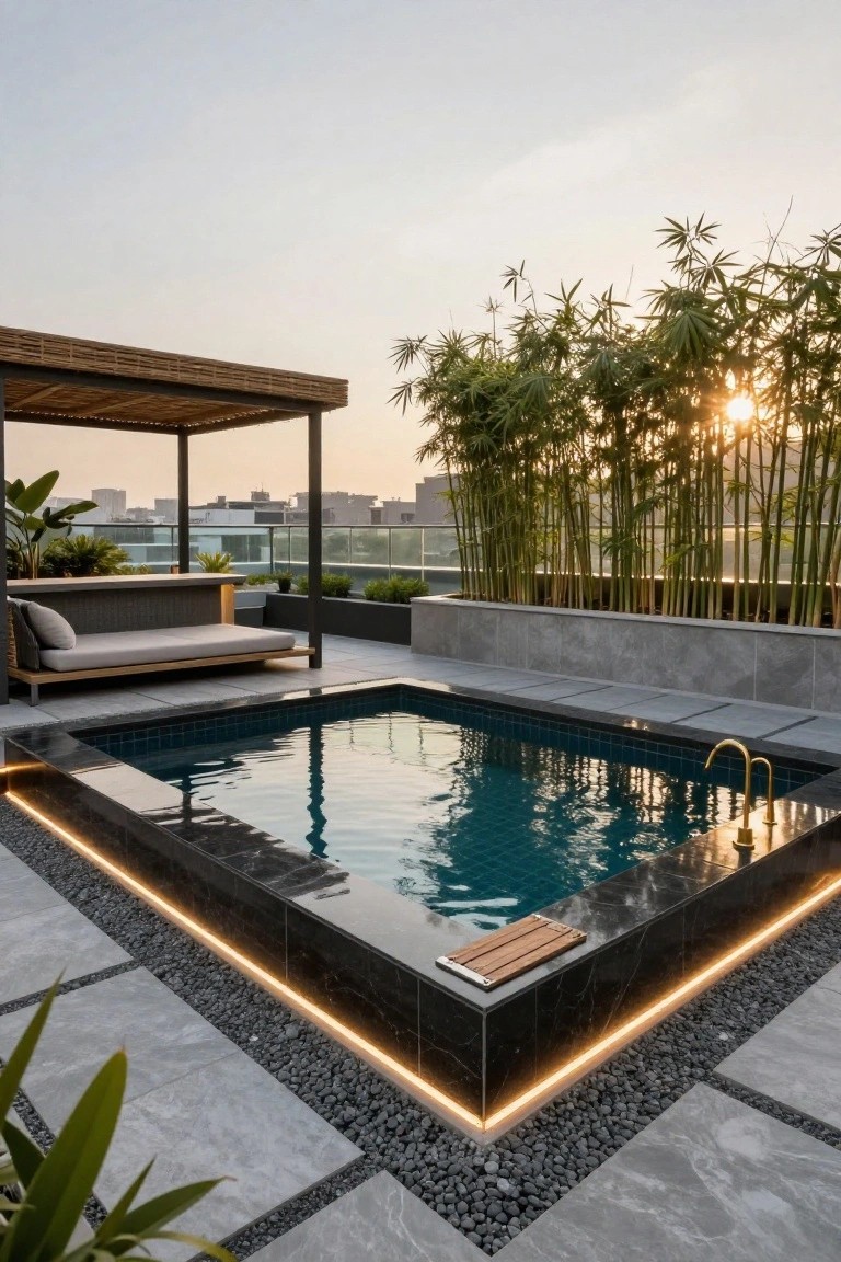 A rooftop swimming pool with dark stone borders lit by integrated LED strips, a small wooden step in the water, and a lounge area with a daybed under a pergola beside tall bamboo plants.