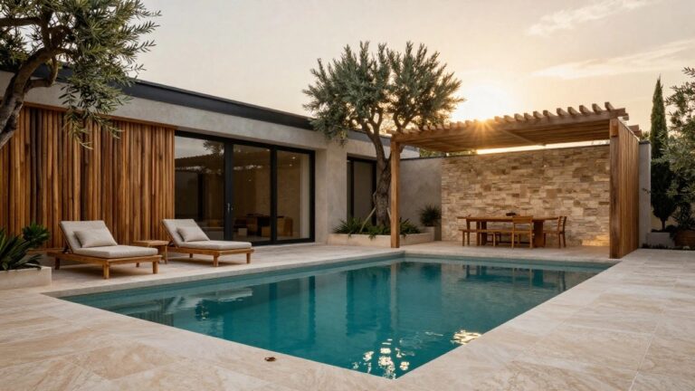 A modern villa with a long rectangular pool, two wooden lounge chairs on a stone terrace, and large glass doors opening to the interior.