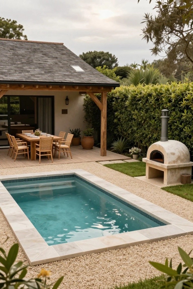 A rectangular pool with blue water sits in a gravel bed beside a wooden deck with a dining table and chairs, next to a house and an outdoor pizza oven with green hedges behind.