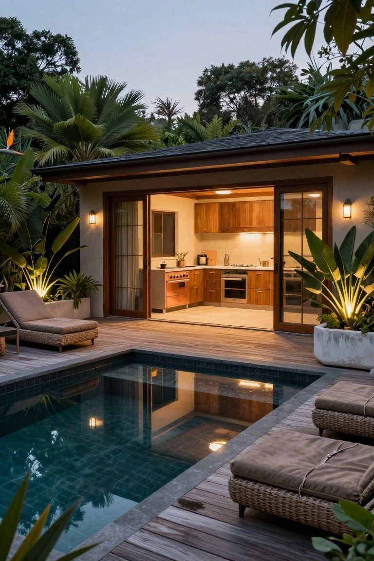 A modern villa kitchen opens through large sliding glass doors onto a wooden deck with a swimming pool in the foreground and lounge chairs on the right, surrounded by tropical plants.