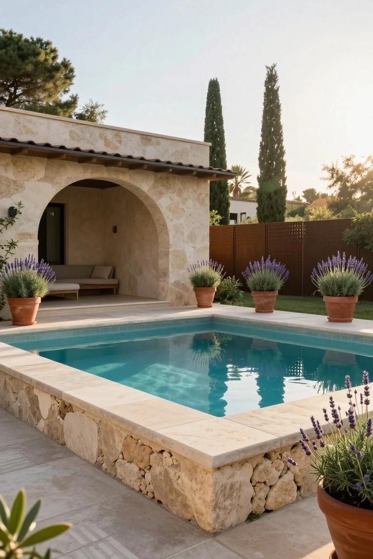 A swimming pool with light blue water is edged in thick stone that matches the adjacent stone house featuring an arched opening and potted lavender plants along the terrace.