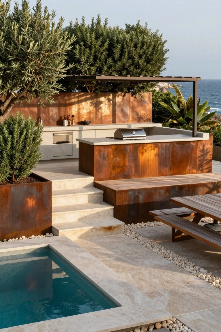 An outdoor kitchen with grill and counter beside a swimming pool, connected by stone steps and wooden benches with trees and ocean in the background.