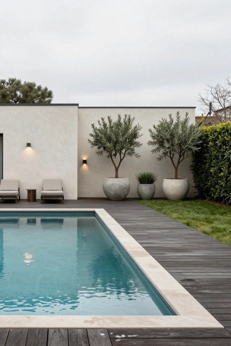 A modern pool deck with a rectangular swimming pool, wooden planks, two lounge chairs, and three large gray planters holding trees set against a light wall.