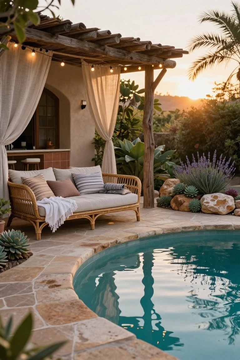 A wooden pergola with light curtains shades a cushioned bench on a stone patio next to a swimming pool with plants and rocks nearby.