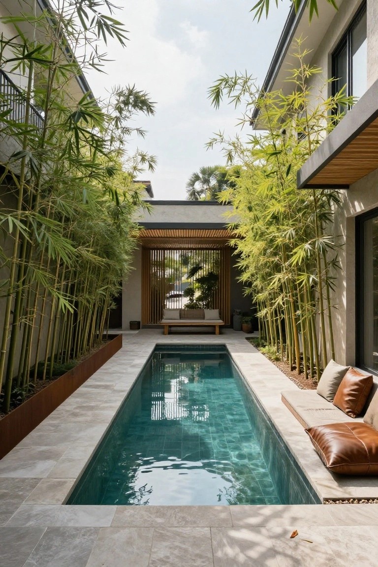 A narrow rectangular pool lined with tall bamboo on both sides, set between modern buildings with stone paving and outdoor seating.
