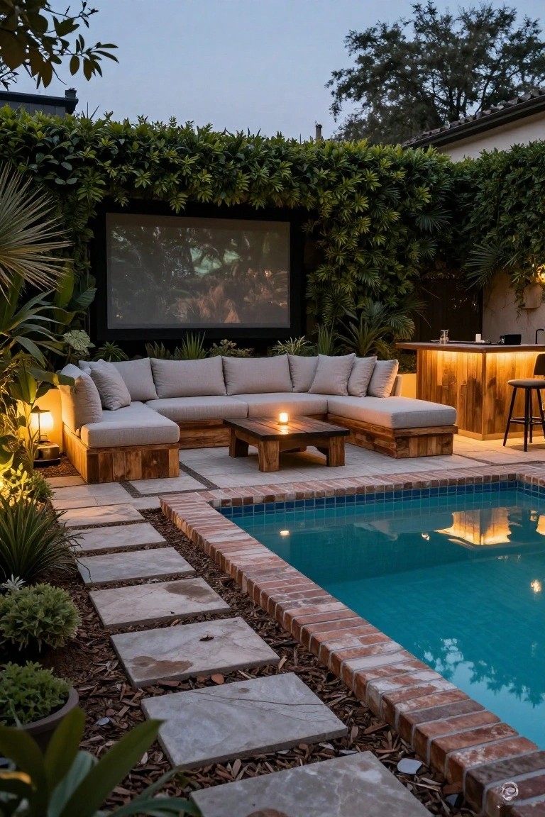 An L-shaped outdoor sectional sofa sits on a stone patio next to a swimming pool, facing a large projection screen mounted on a wall covered in greenery, with a wooden bar and stool visible to the right.