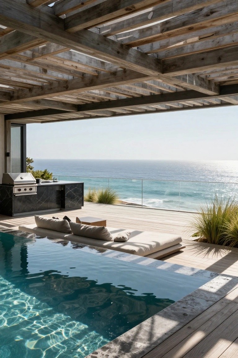 Modern pool deck with a wooden beam pergola overhead, outdoor kitchen, built-in lounge seating, and glass railing overlooking the ocean.