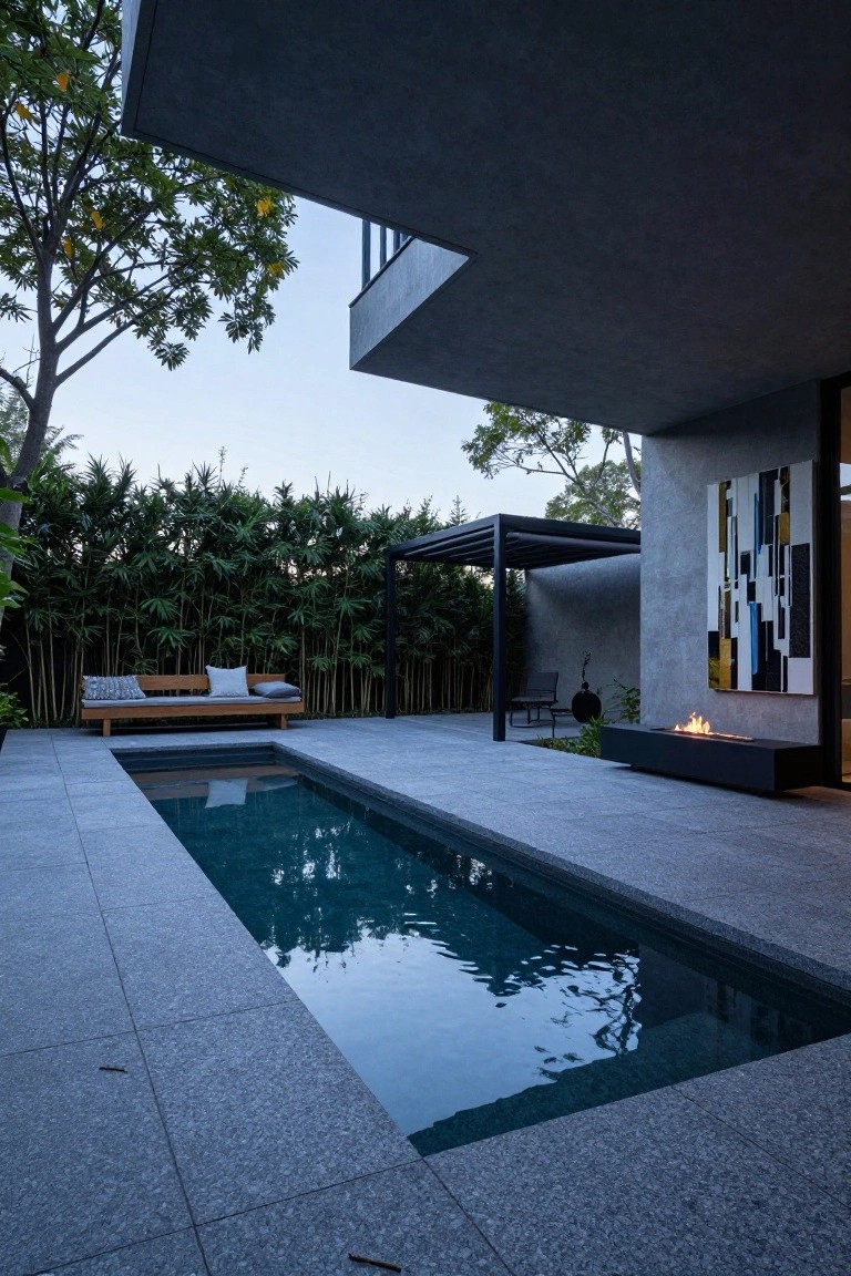 Modern concrete patio with rectangular pool, fire pit, abstract art, and bamboo garden.