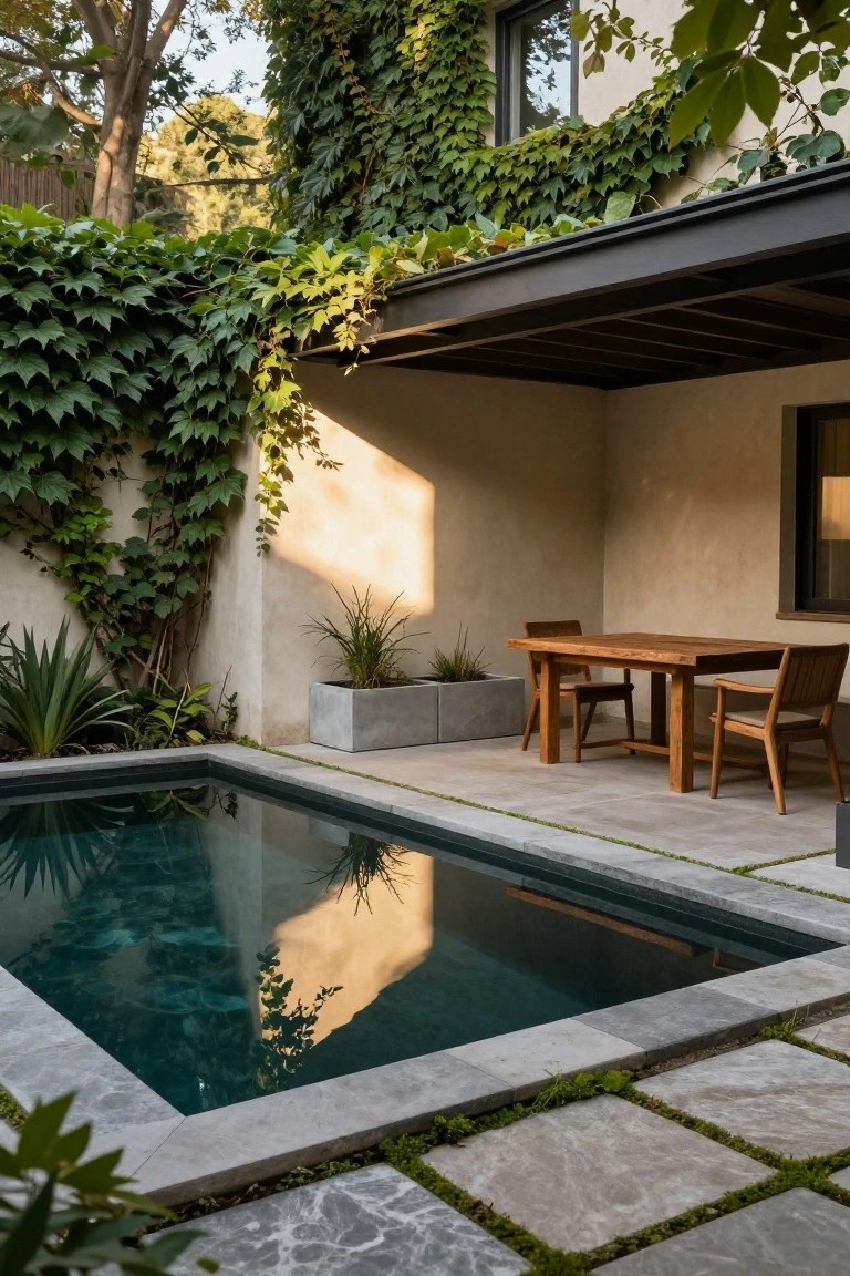 A modern pool with a stone edge sits beside a paved terrace that holds a wooden dining table and chairs, with walls covered in dense green climbing vines.