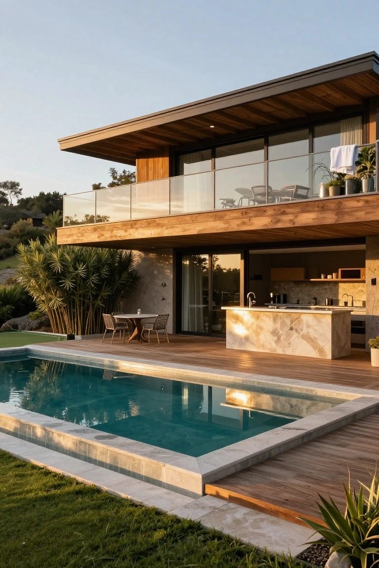 Modern villa exterior showing a rectangular pool set into a wide wooden deck with an outdoor kitchen island, upper balcony, and glass railings.