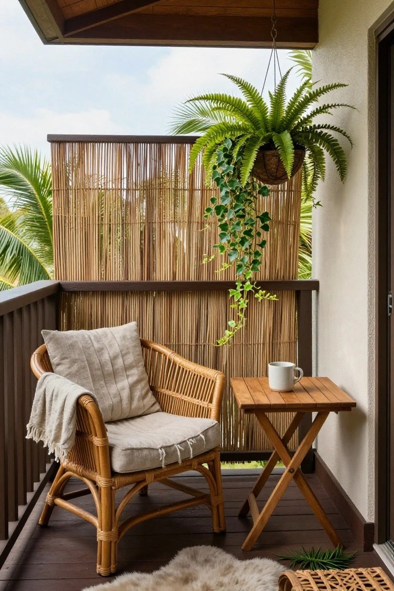 Wicker armchair with cushions beside wooden table on bamboo-screened balcony with hanging fern