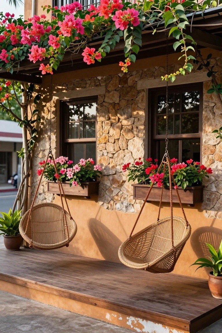 Two hanging wicker chairs suspended by chains from a covered porch with wooden planters, pink flowers, and a stone wall behind them.