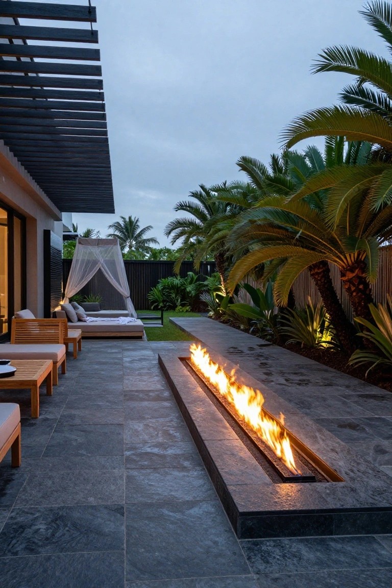 A modern outdoor terrace at dusk with a long linear fire pit set into dark stone paving, wooden lounge seating nearby, and tropical plants along the edges.