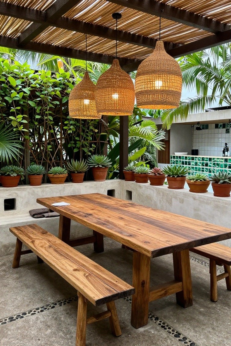 A long rustic wooden dining table with benches under a thatched pergola, surrounded by potted plants and three woven pendant lights.