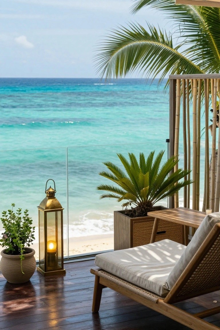 A wooden lounge chair with light cushions sits on a dark deck beside a lit lantern, potted plants, and a bamboo screen, with a turquoise ocean visible beyond a glass railing.