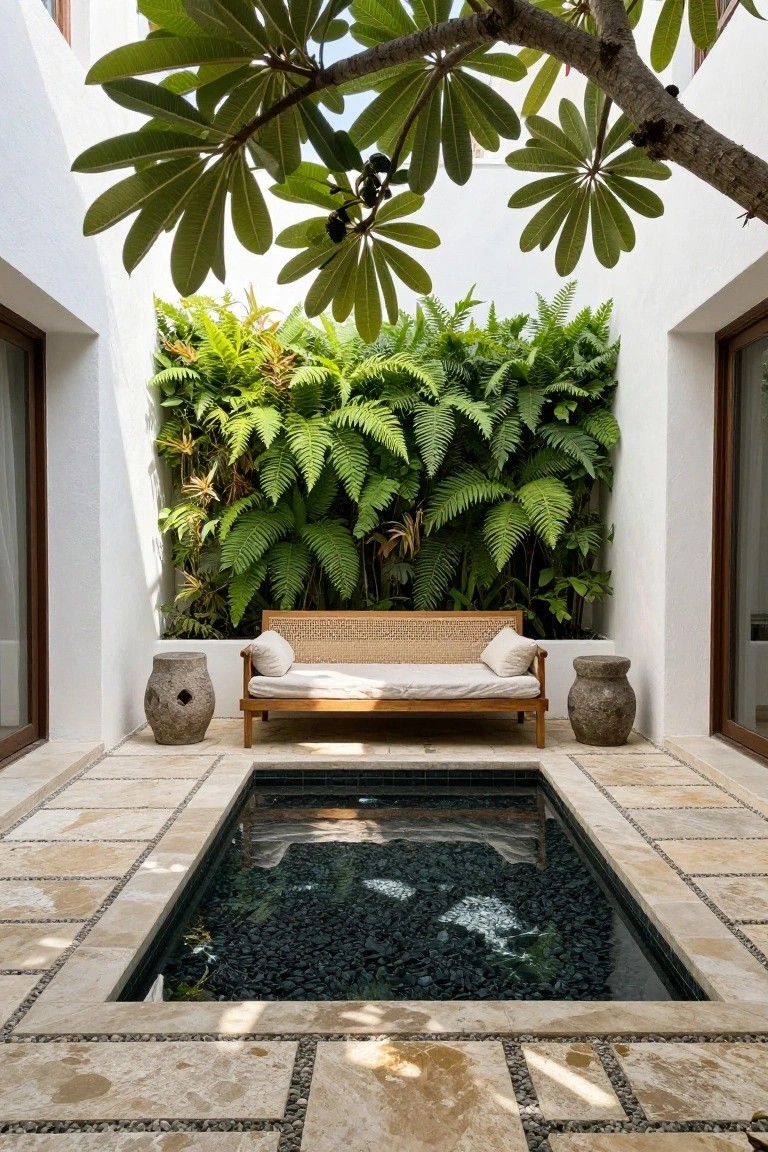 A rectangular pool with dark pebbles is set in light stone paving, with a wooden bench and woven backrest placed against a dense wall of ferns and tropical plants.