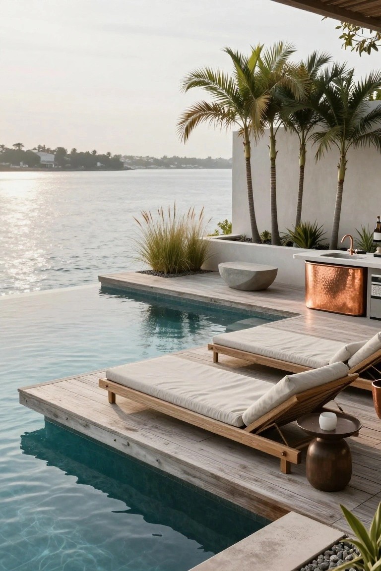 Wooden deck with two lounge chairs next to an infinity pool, palm trees, and an outdoor kitchen area overlooking calm water.