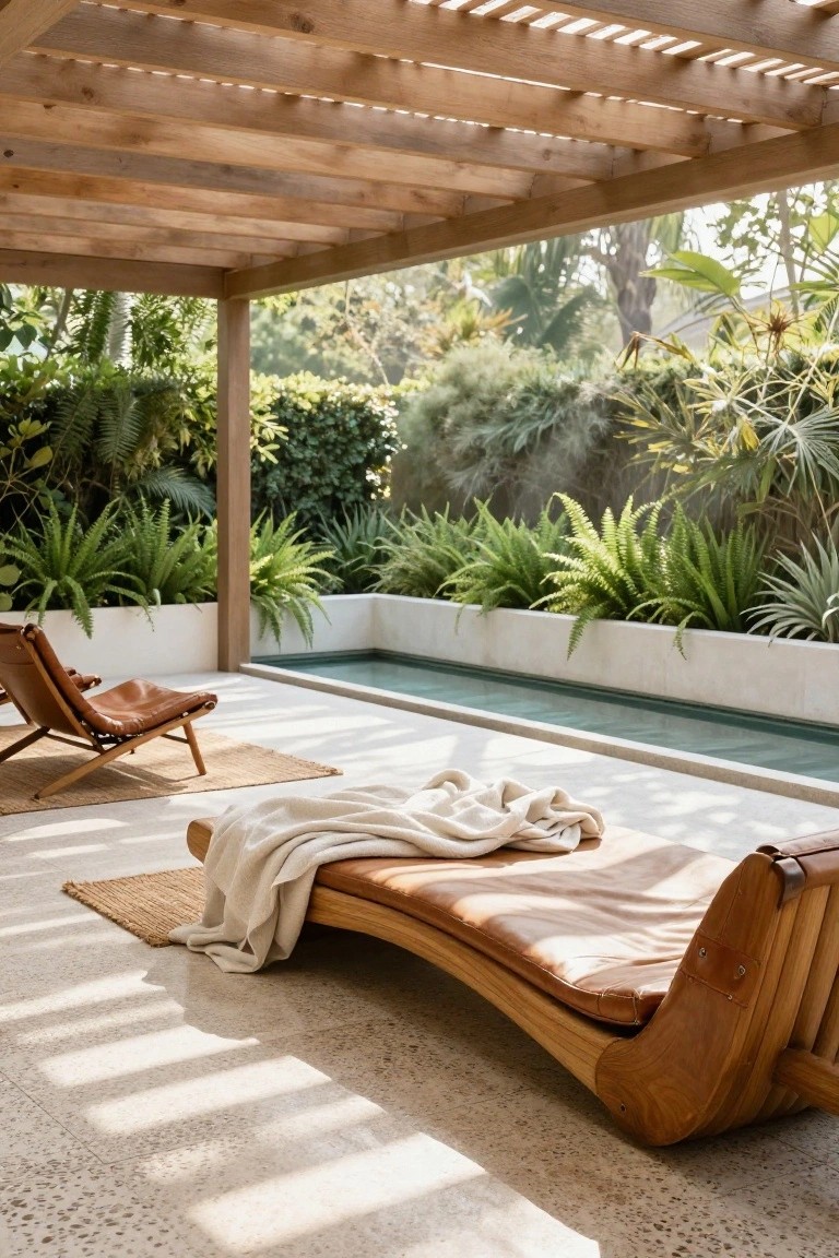 A wooden chaise lounge with a beige throw rests on a stone terrace under a wooden pergola, next to a narrow pool bordered by tropical plants.