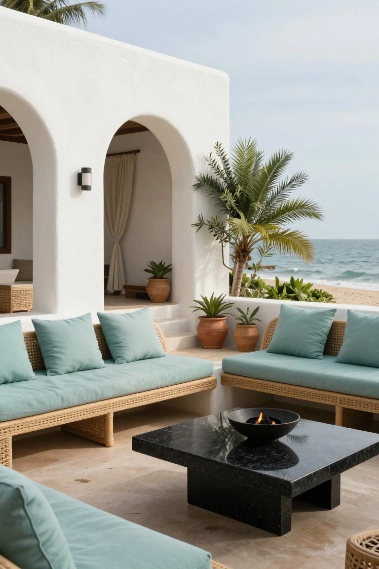 A beachfront terrace with two rattan sofas with light blue cushions facing each other around a dark stone table that holds a small fire bowl, white arched walls behind, and the ocean visible beyond potted plants.