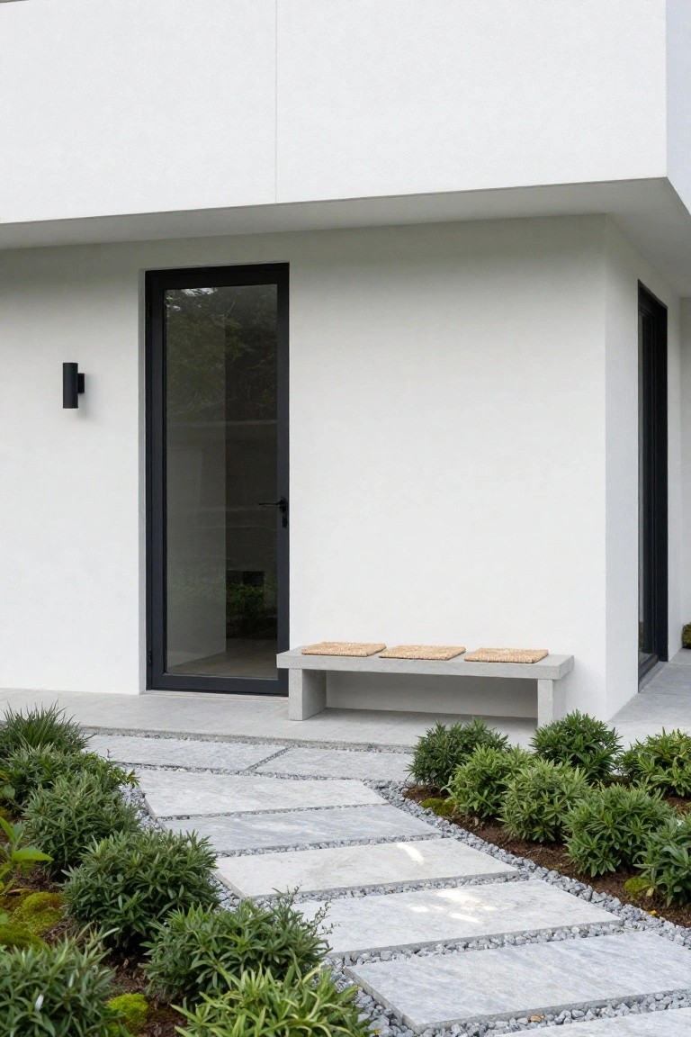A white modern house exterior features a tall black-framed glass door beside a low concrete bench holding three woven cushions, with a stone path and green plants leading to the entry.