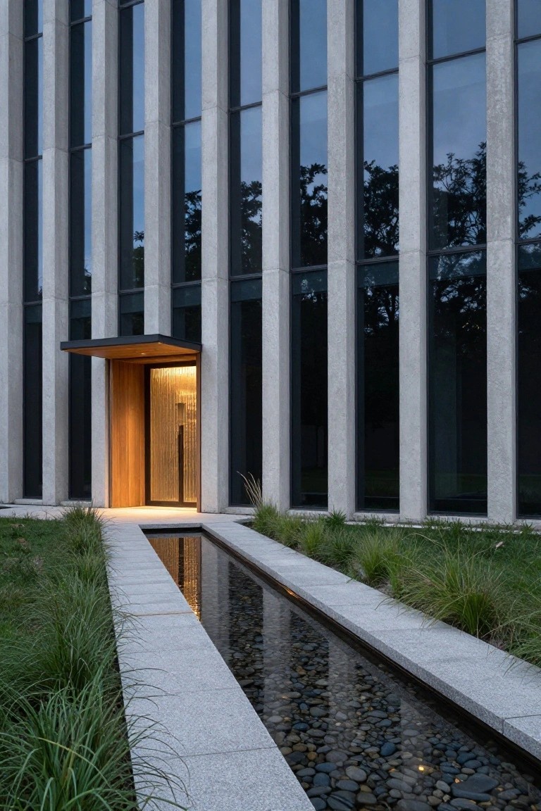 Modern stone facade with large windows and a recessed wooden entry door, featuring a long narrow water channel with pebbles leading directly to the entrance.