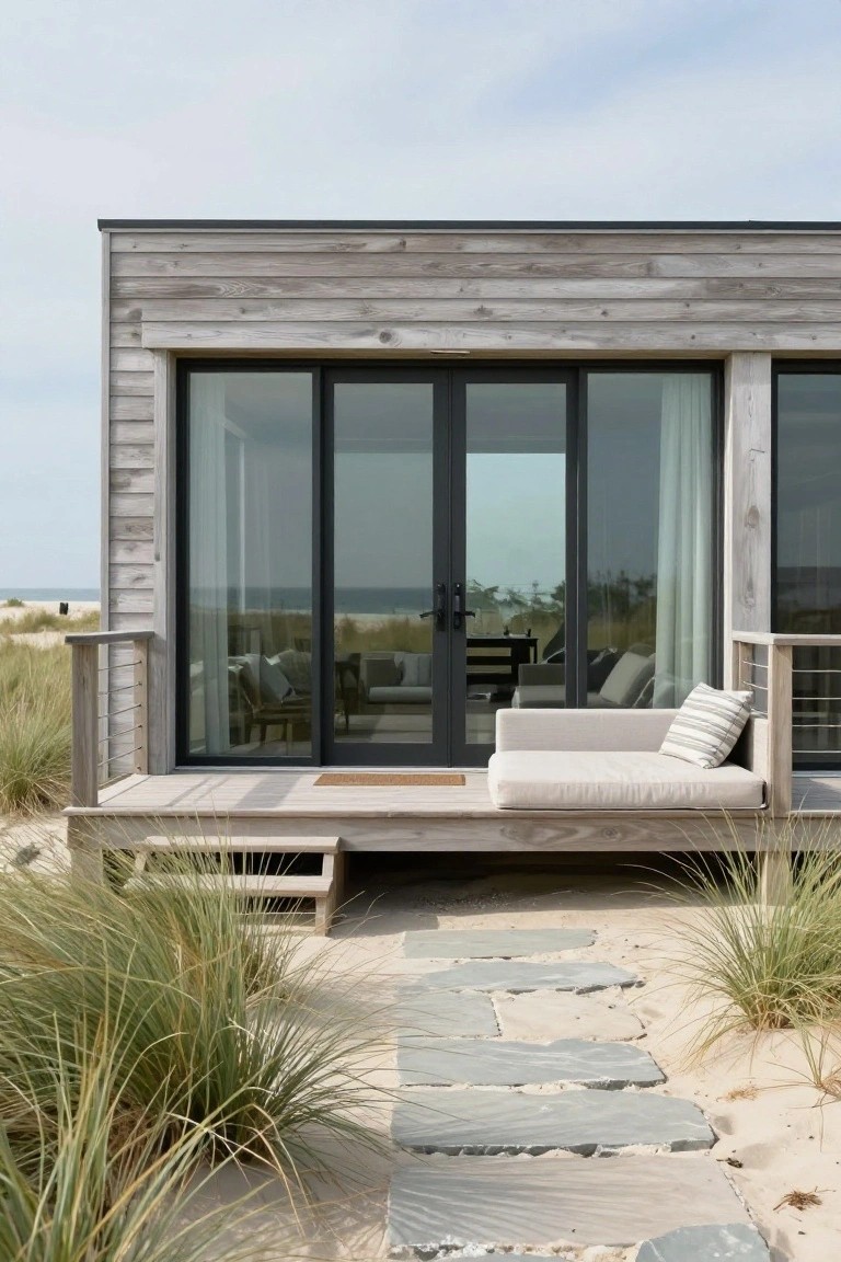 A modern beach house with light wood siding, large black-framed glass doors, a low wooden deck with a cushioned daybed, and a stone path leading across sand and grass.