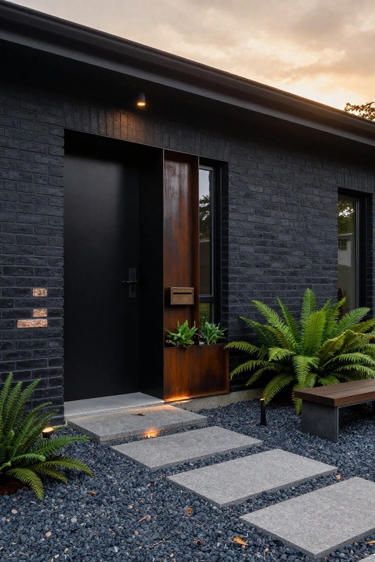 A modern dark brick house exterior with a black front door, a vertical rusted metal panel beside it containing a mailbox and small plants, concrete steps, and a gravel path with stepping stones.