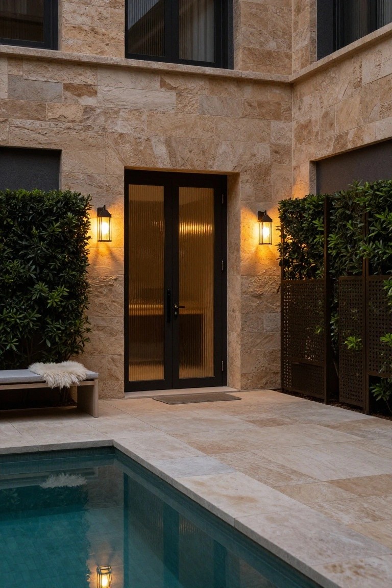 Modern house entrance with double black-framed doors set in a light stone wall, flanked by two lit black sconces, with a swimming pool in the foreground.