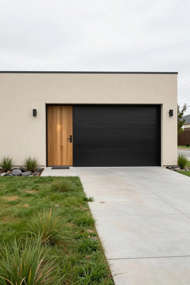 Modern beige house with wooden door, black garage, and concrete driveway.