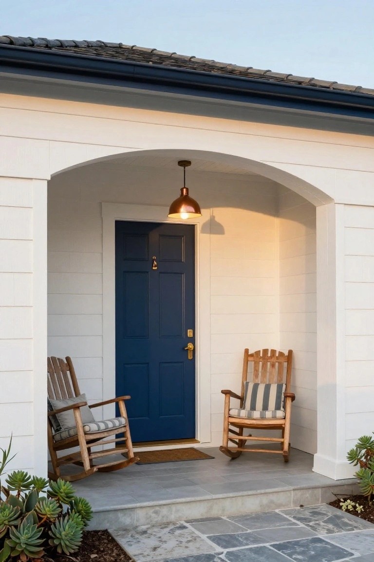 A white house exterior with an arched porch, navy blue front door, two wooden rocking chairs, and a hanging copper light fixture.