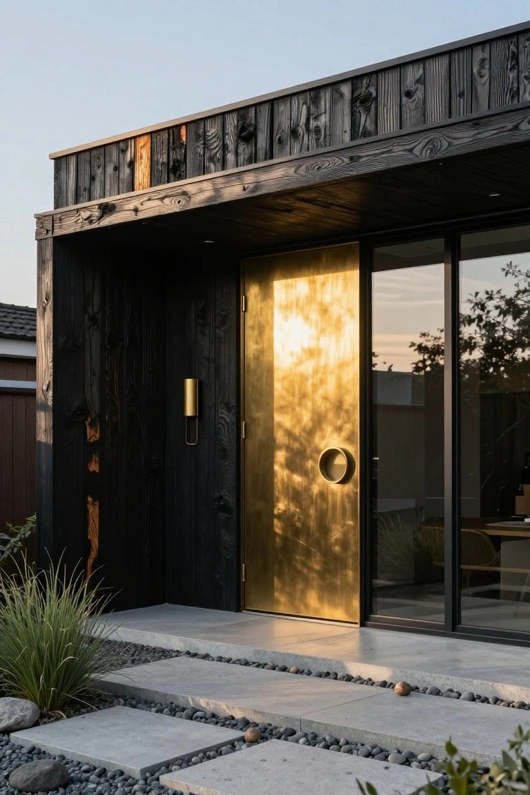Modern black wood home entrance with golden door, glass panels, and stone path