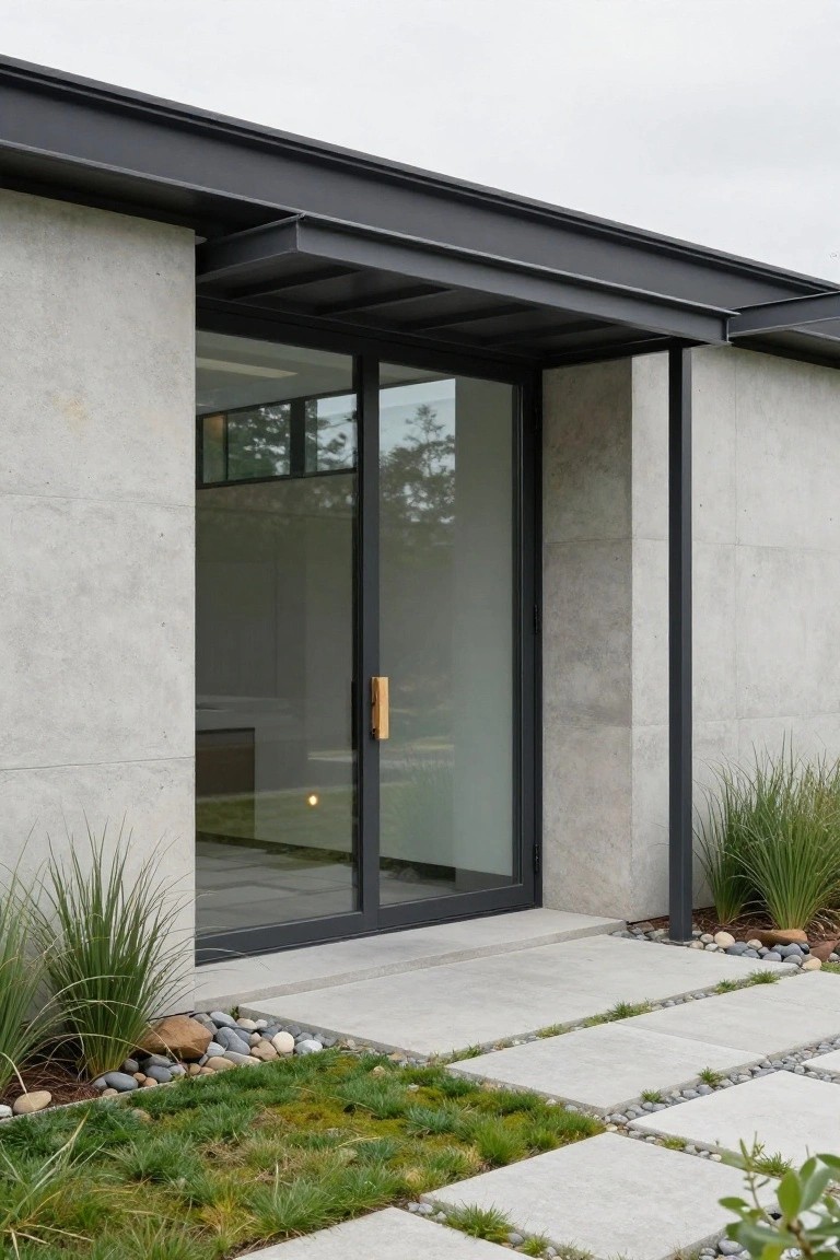 Modern concrete house entrance featuring a black metal overhang above a glass door, with light gray walls and stone pavers leading to the entry.