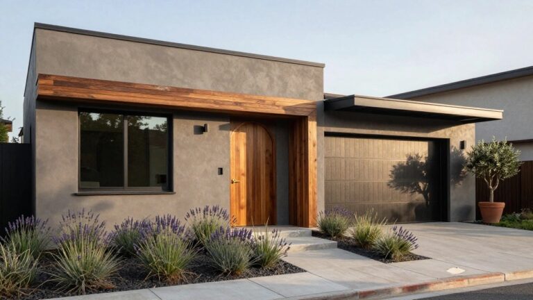 Modern house exterior with a centered arched wood door, matching wood garage door to the left, concrete steps, and a terracotta pot with a small tree to the right.