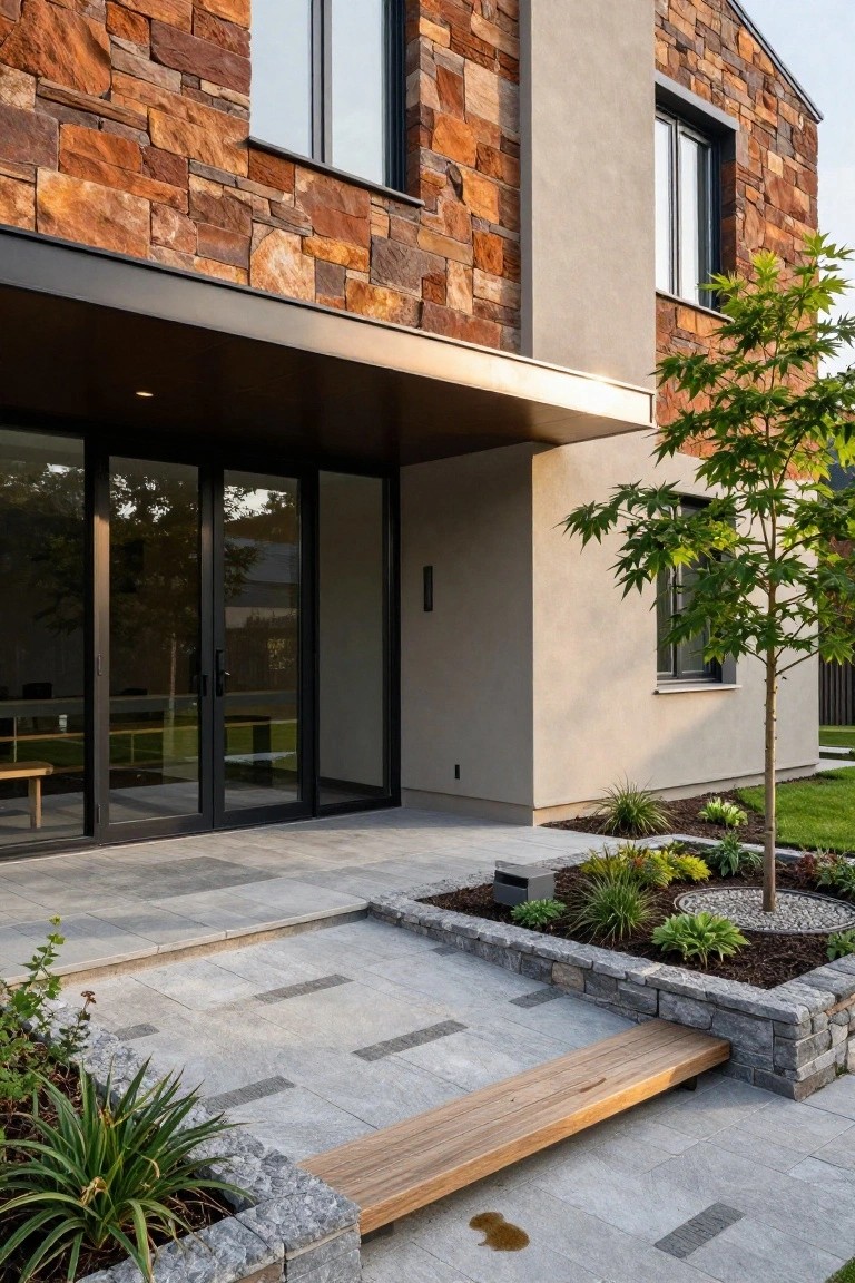 Modern house exterior with irregular stone cladding on the upper facade, smooth beige render below, black-framed glass doors under a dark overhang, and a stone-edged garden bed with a wooden bench.
