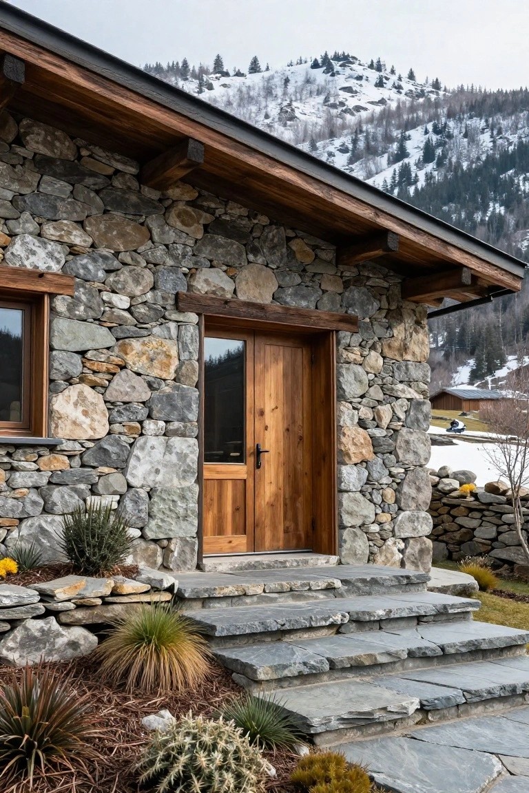 A house with a stone facade, wooden door, wooden trim, and stone steps in front of a snowy mountain landscape.