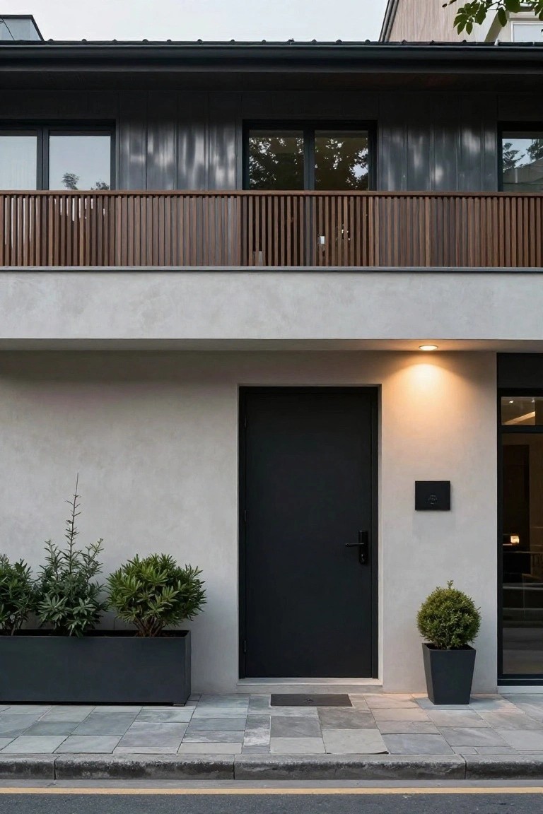 Modern house front with a centered black door on a light wall, a wooden balcony above, and two planters on either side.