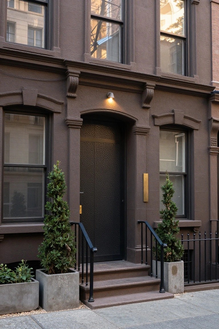 Brownstone facade with a recessed black door set under a stone arch, flanked by windows and two concrete planters holding tall shrubs.