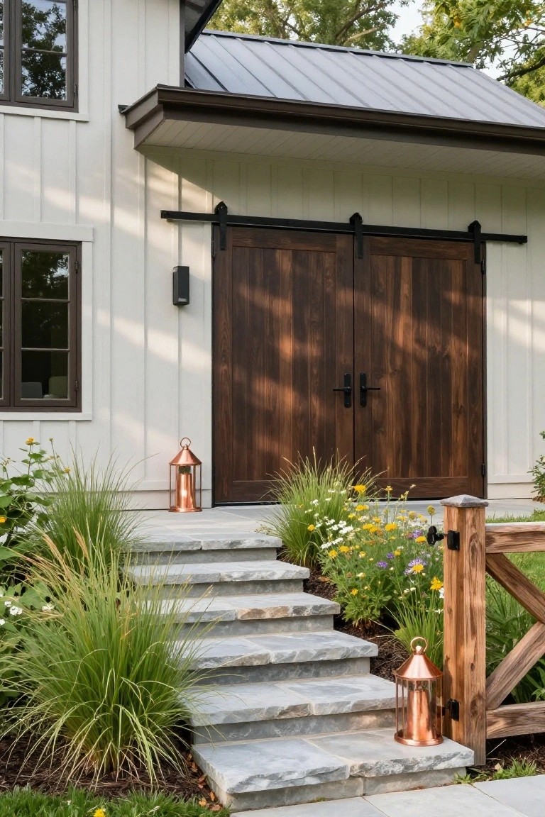 A light-colored house exterior with dark wood sliding barn doors, stone steps, copper lanterns, and garden beds with yellow and white flowers.