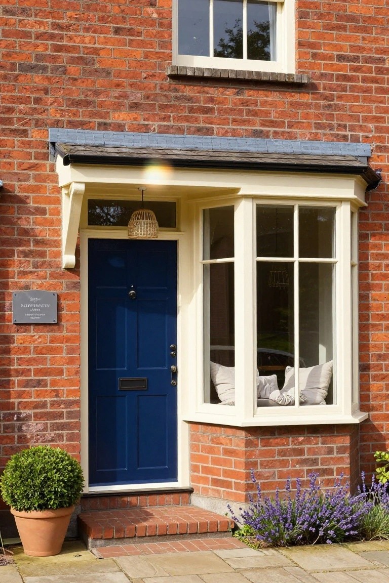 A red brick house facade featuring a bright blue front door with white trim, a small overhang, and an adjacent bay window, with a potted shrub and purple flowers at the steps.