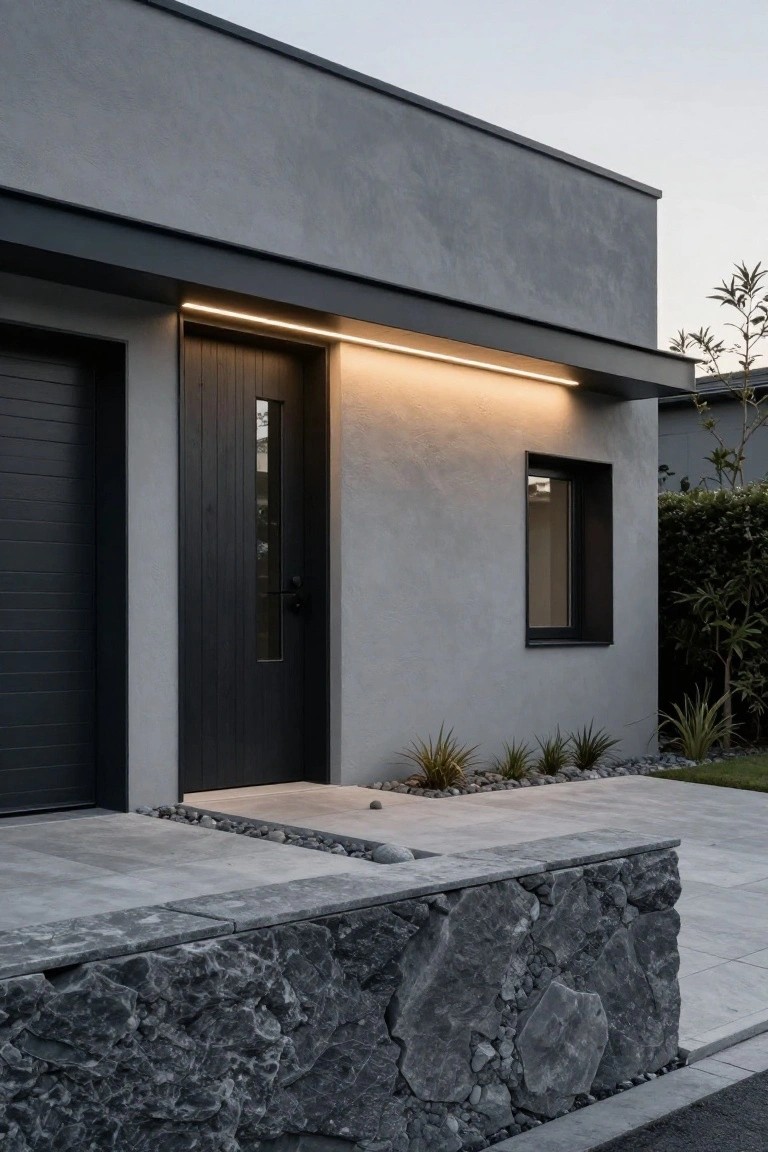A modern house facade with a dark front door, a horizontal LED light strip above it, gray stucco walls, and a stone retaining wall at the base.