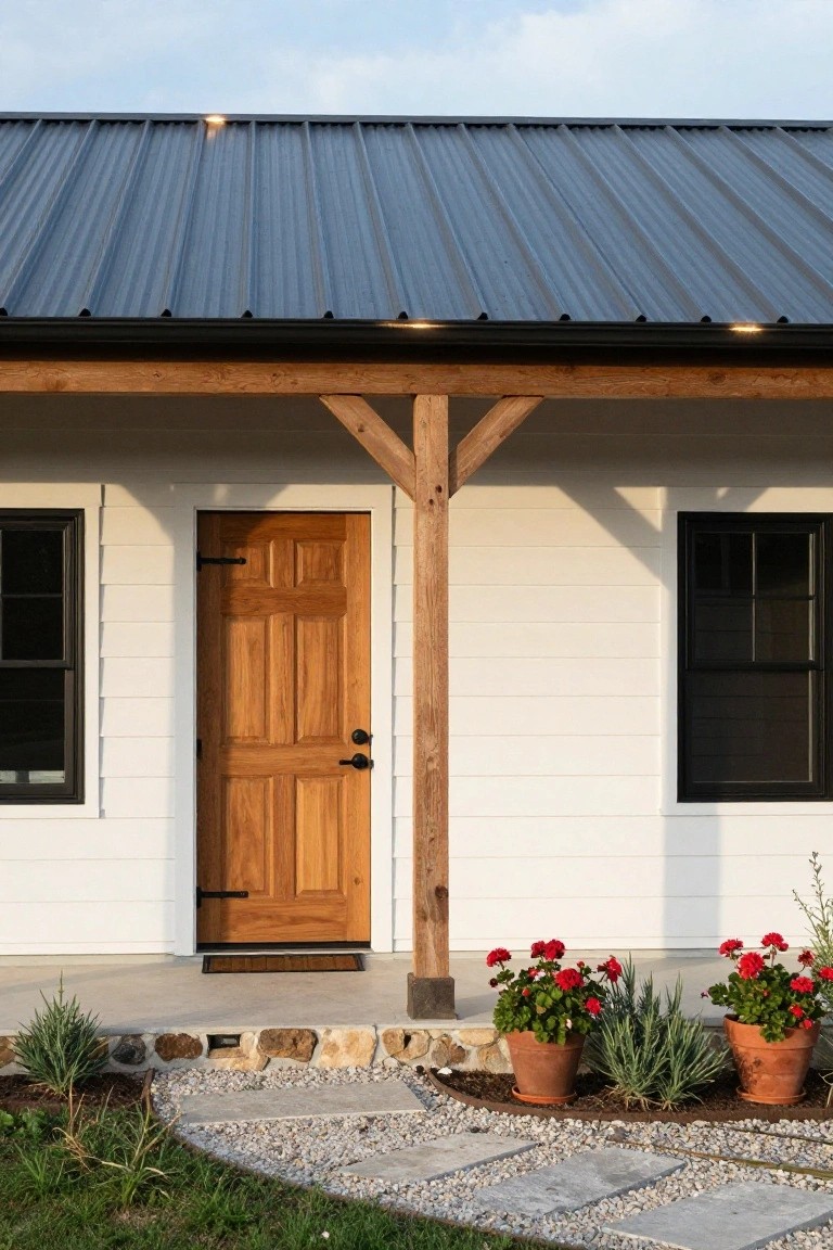 A white house exterior with horizontal siding, a wooden front door, a thick wooden porch post, black-framed windows, a metal roof, and potted red flowers beside a gravel path.