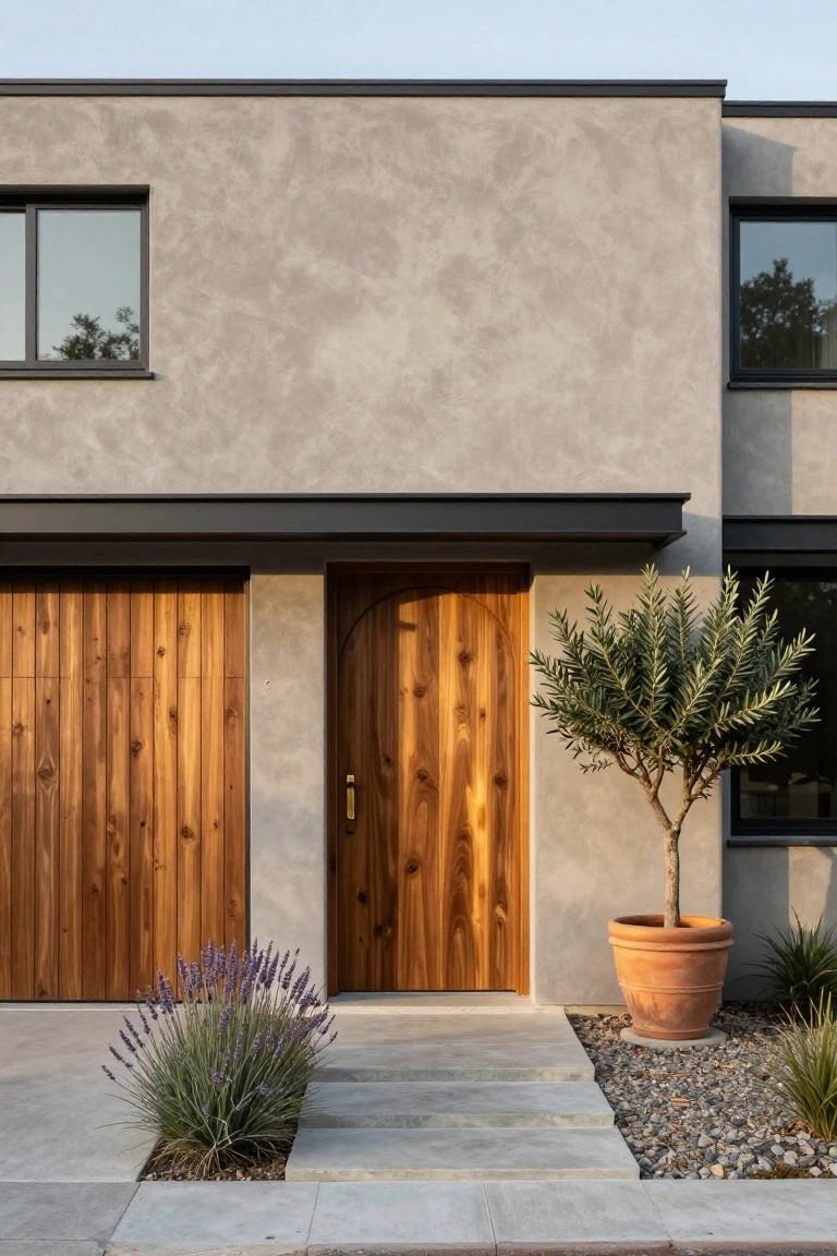 Modern house exterior with a centered arched wood door, matching wood garage door to the left, concrete steps, and a terracotta pot with a small tree to the right.