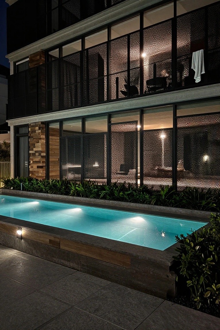 A modern house facade at night with a long illuminated rectangular pool running along the base in front of large glass windows and perforated metal screens.