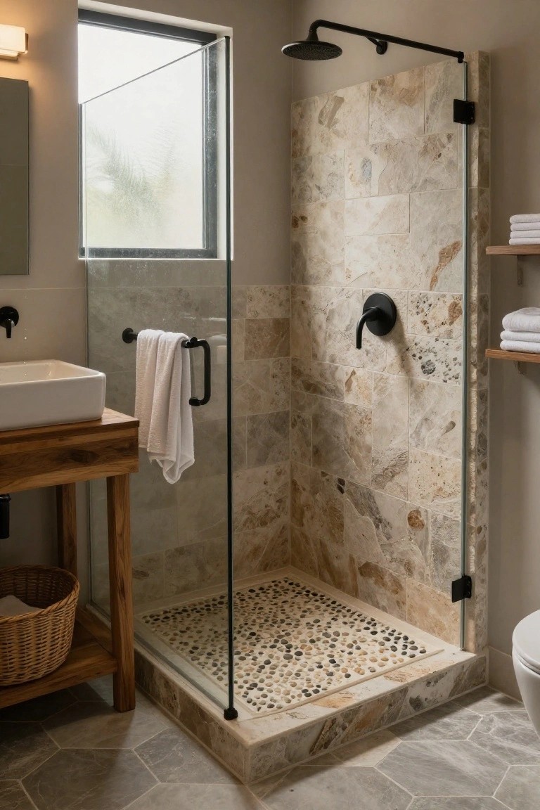 A modern bathroom interior showing a glass-enclosed shower with large beige stone tiles on the walls and a pebble stone floor, next to a wooden vanity with a white vessel sink.