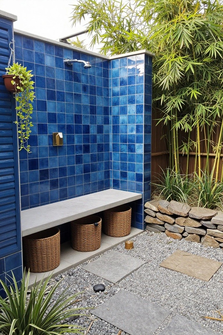 An outdoor shower with blue tiled walls, a concrete bench, woven storage baskets below, and gravel paving next to bamboo plants.