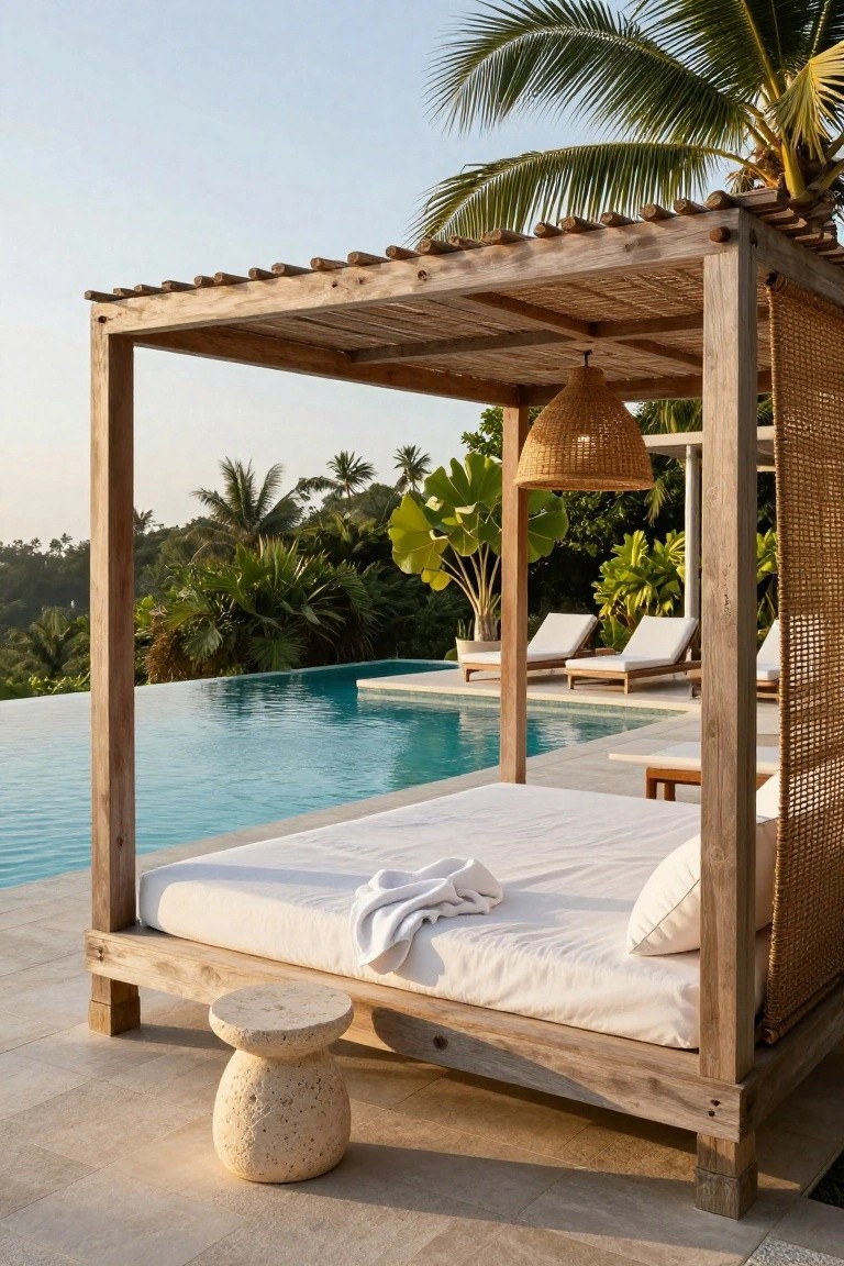 A wooden canopy daybed with white bedding sits on a stone patio next to an infinity pool with lounge chairs and tropical plants in the background.