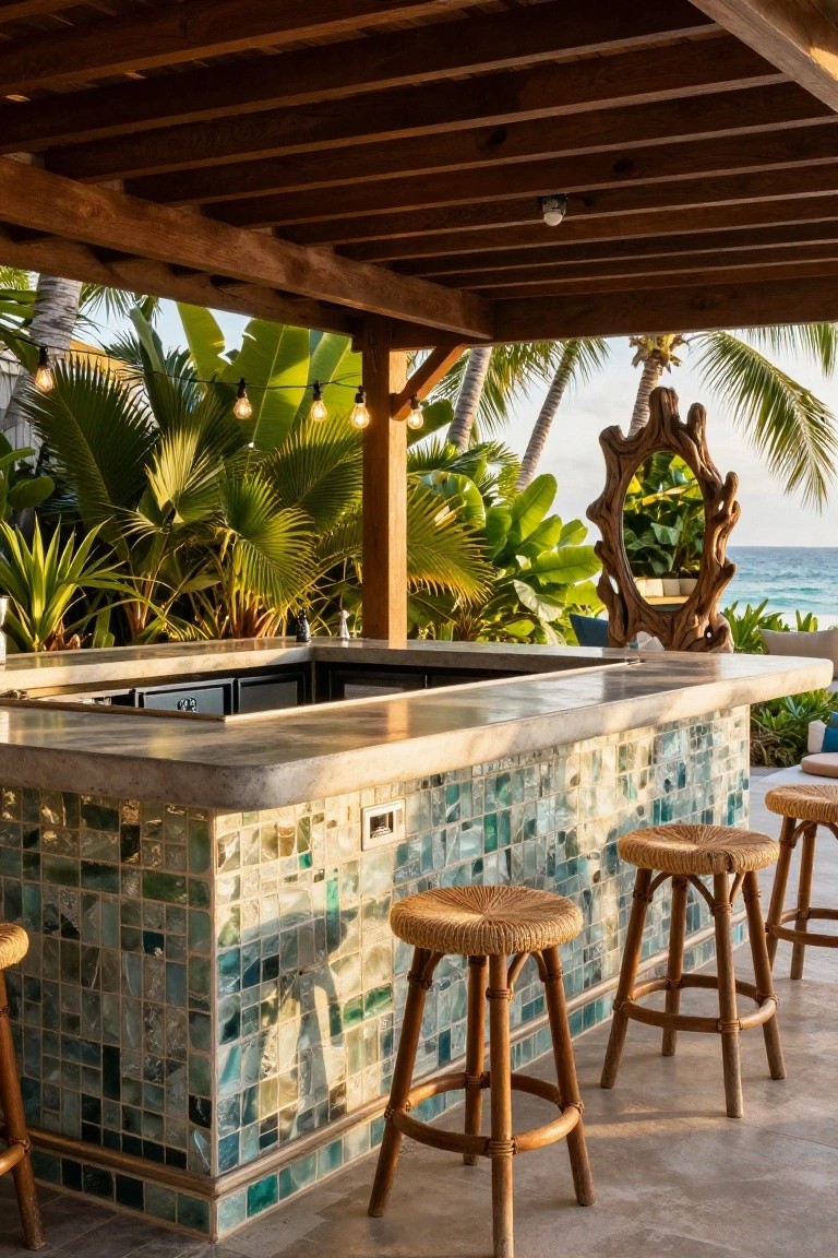 An outdoor bar with a mosaic tile front, concrete countertop, and woven stools beneath a wooden roof structure surrounded by tropical plants.