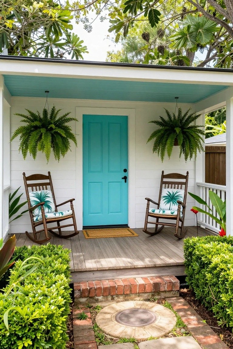 Turquoise door on white porch with rocking chairs, hanging ferns, and brick steps.